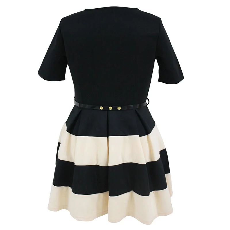 Women's Casual Summer Style Block Striped Belted Plus Size A-Line Short Sleeve Mini Skater Dress XXXL W870401A (3)