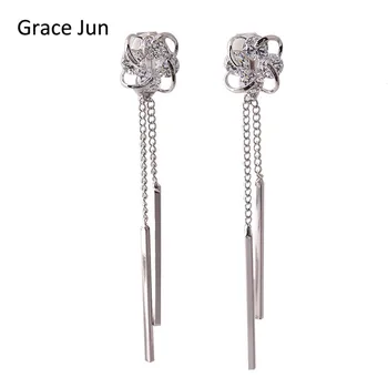 

Grace Jun Top Quality Bridal AAA CZ Flower Shape Long Tassel Clip on Earrings No Pierced for Girls Wedding Party Bar Earrings
