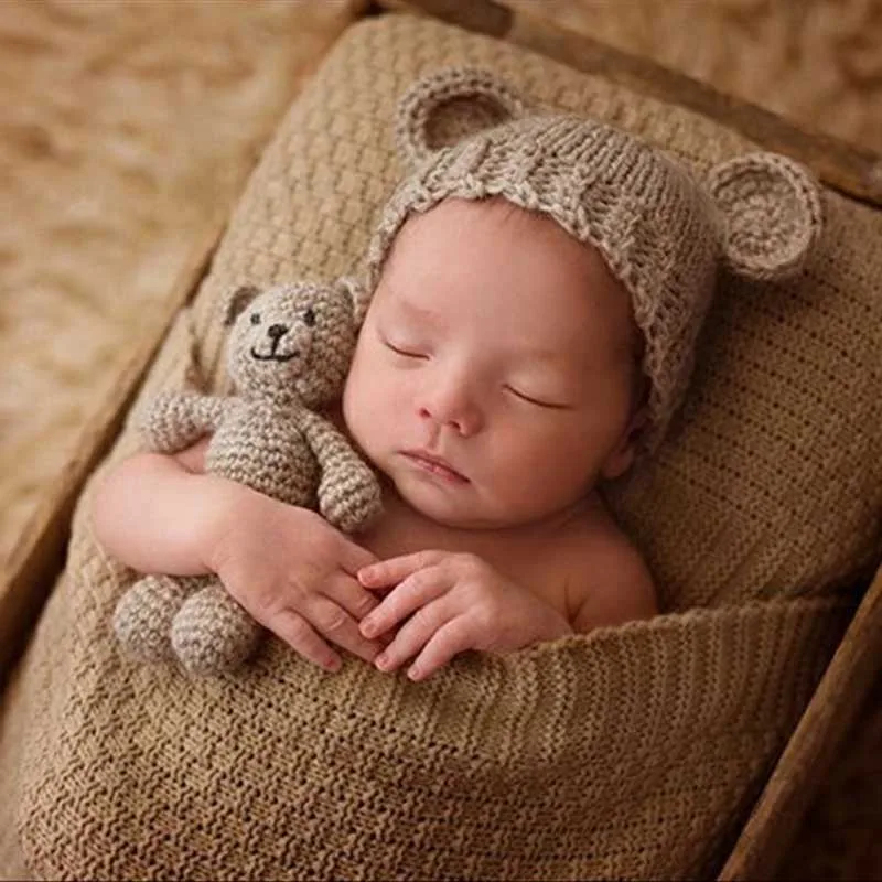 Newborn Photography Props Accessories Bear Hat Cap and Doll Sets Infant Soft Bonnet Handmade Knitted Beanie Toy