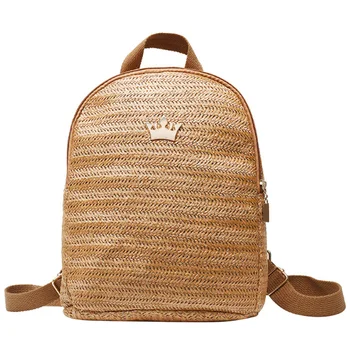

Straw Women'S Backpack Shoulder School Crown Decorative Backpack Straw Knitted Backpack Female Brown