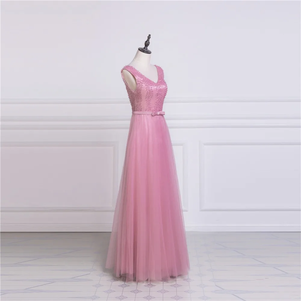 Ruthshen розового цвета длинное вечернее платье халат De Soiree дешевые кружевное платье с жемчугом Ruched Тюль Вечерние платья для выпускного вечера