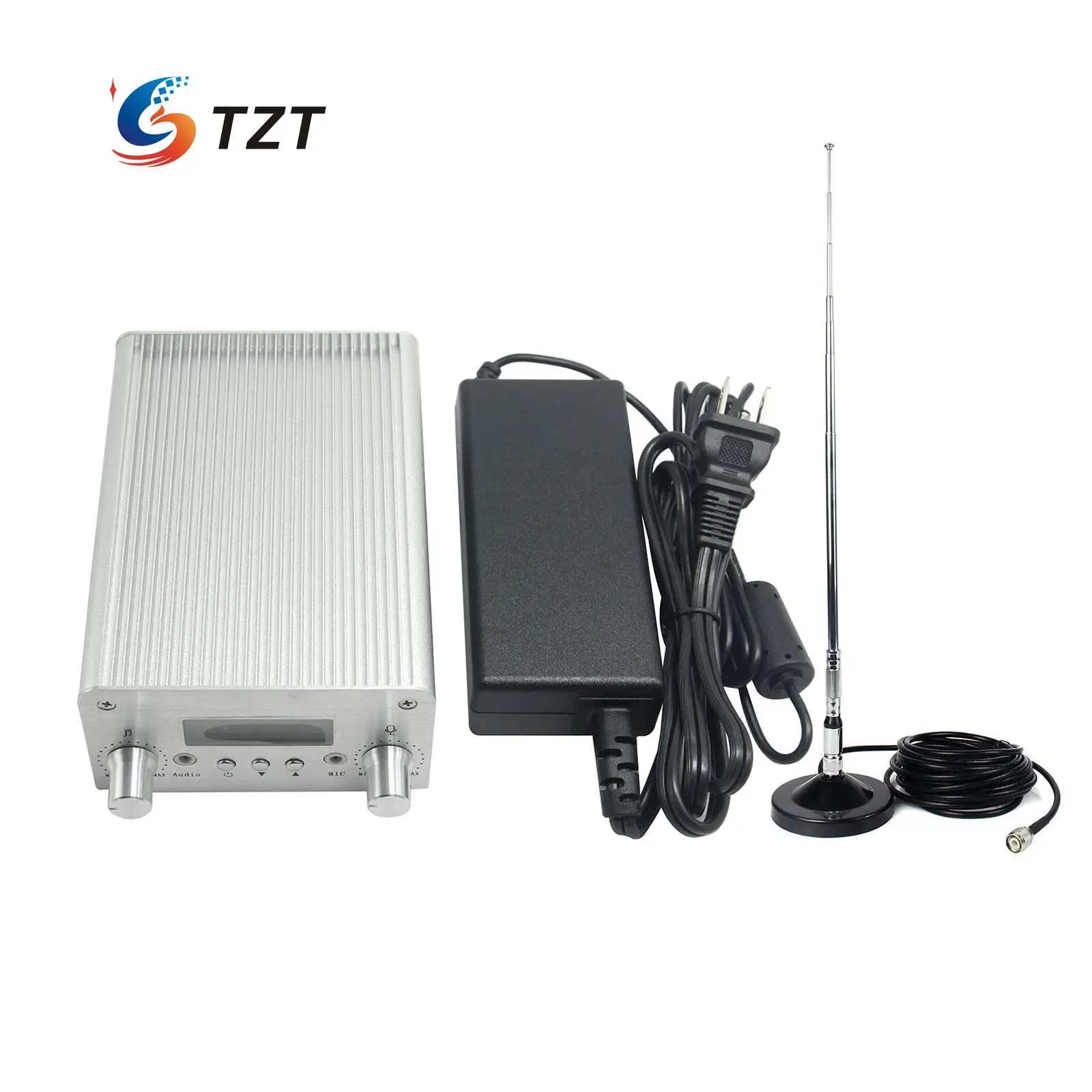 

T15B 5W 15W Audio Wireless Bluetooth FM Transmitter Broadcast Radio Station 87-108Mhz + Power Supply +Antenna for Car-Silver