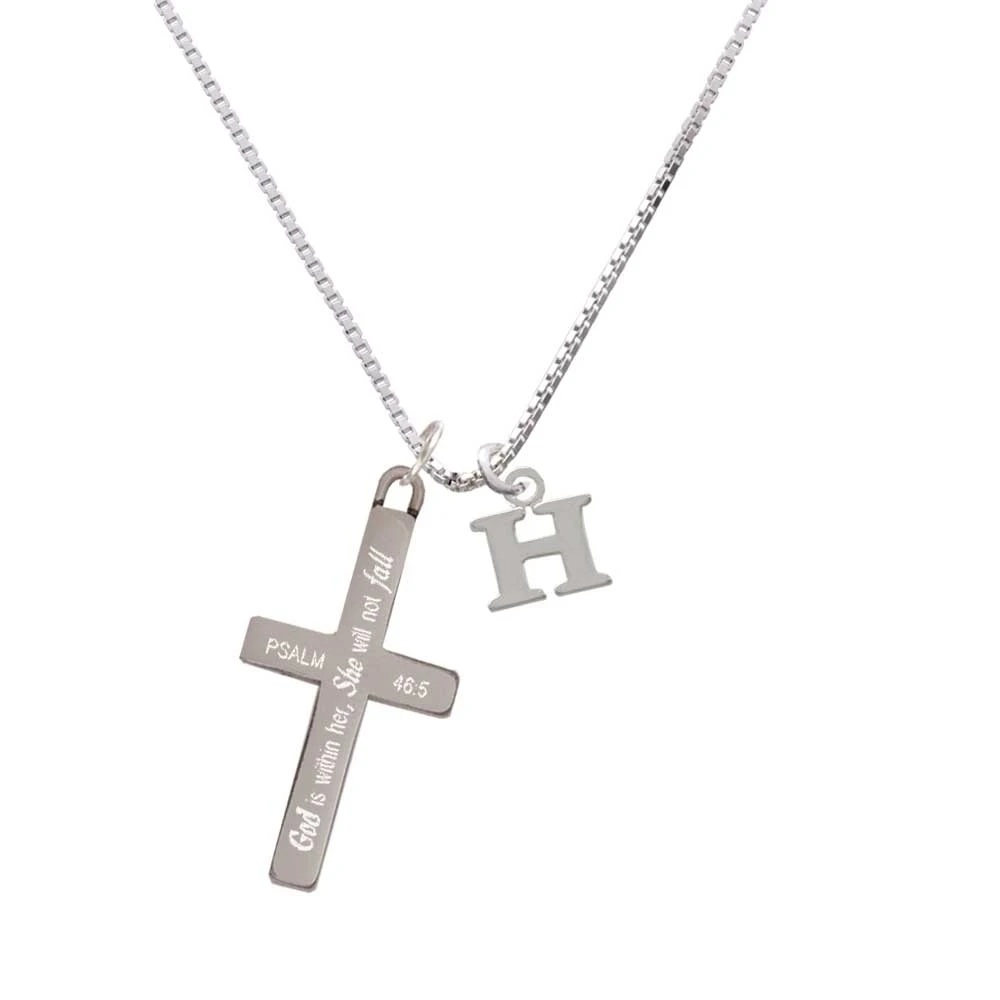 Small Initial - H - - She will not Fall - Cross Necklace
