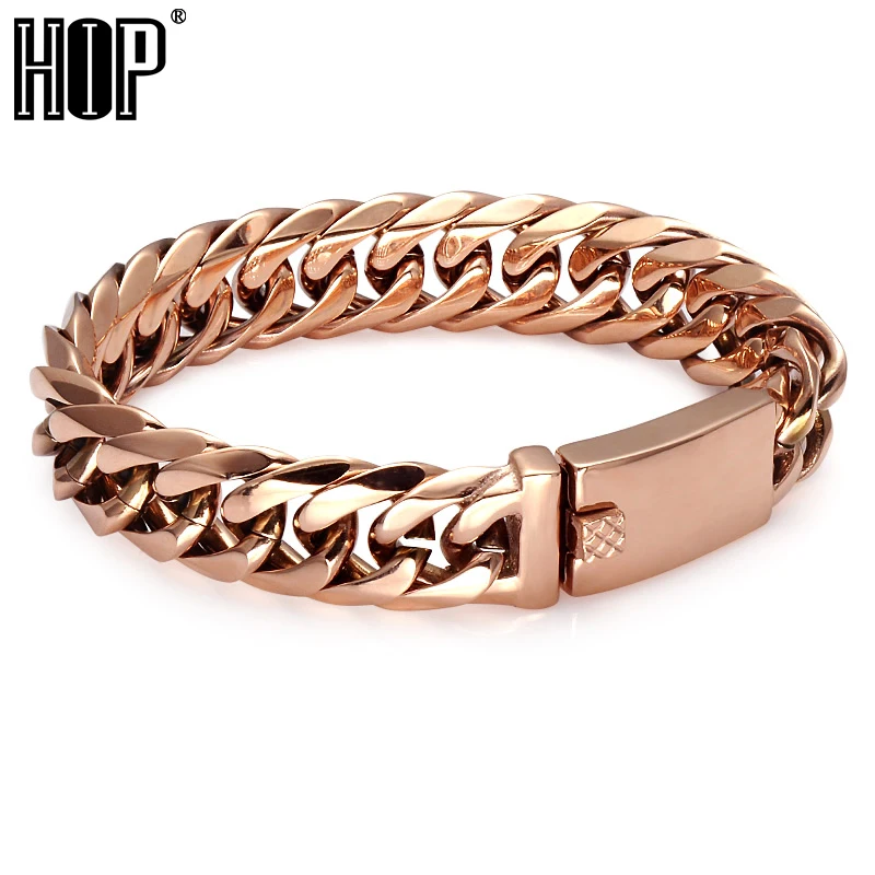 

HIP 210*16MM Double Curb Cuban Chain Bracelet Rose Gold Color Titanium Stainless Steel Bangles & Bracelets For Men Jewelry Gift