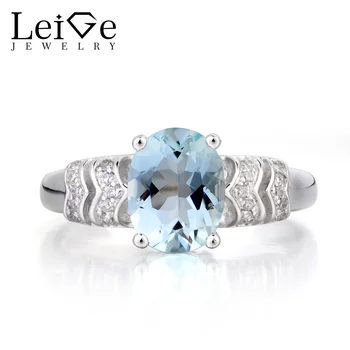 

Leige Jewelry Natural Aquamarine Ring Engagement Ring Oval Cut Blue Gemstone March Birthstone 925 Sterling Silver Ring for Her