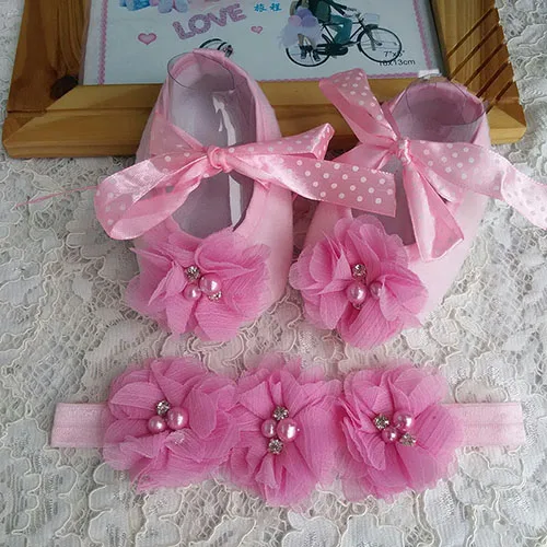 Rosette baby Christening baptism girl shoes headband set Rosette baby Christening baptism girl shoes headband set