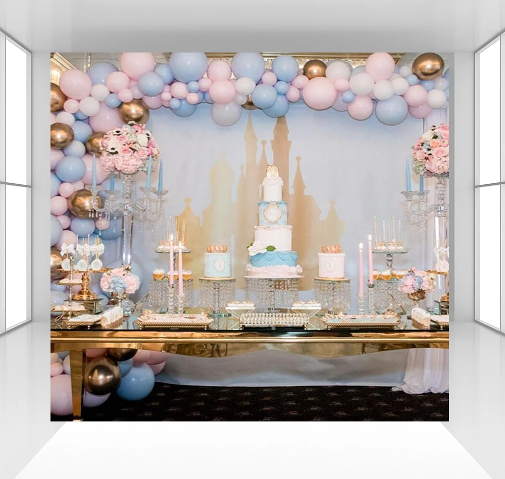 

Golden castale background photography backdrops baby children birthday party decoration Photo stweet table cloth CZ-168