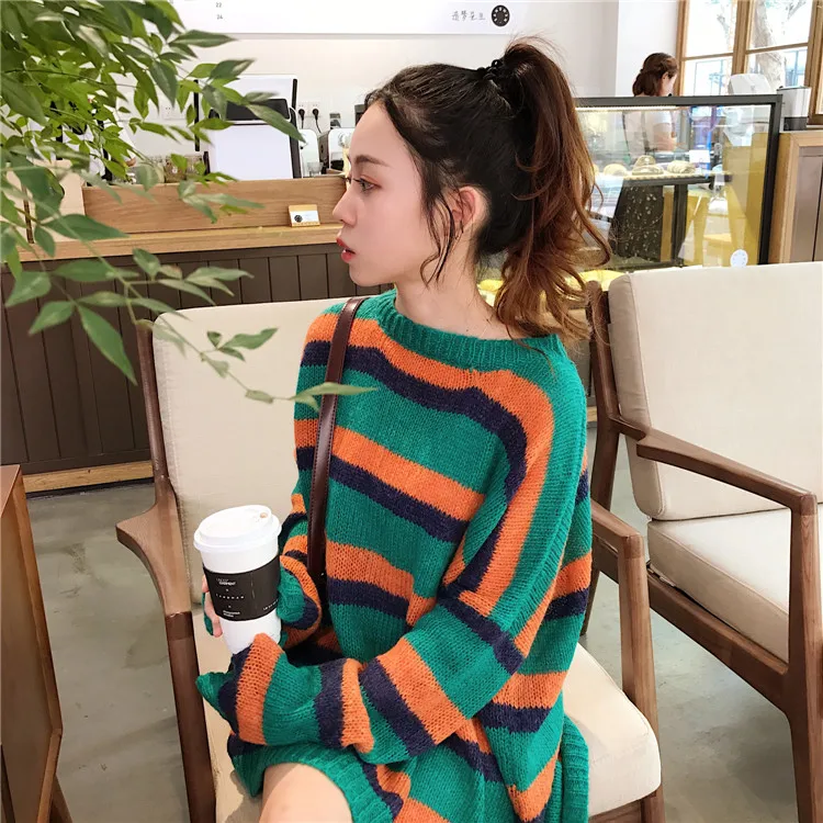 Корейский зимний женский милый Цветной полосатый Свободный вязаный свитер с длинными рукавами Повседневный женский длинный свитер