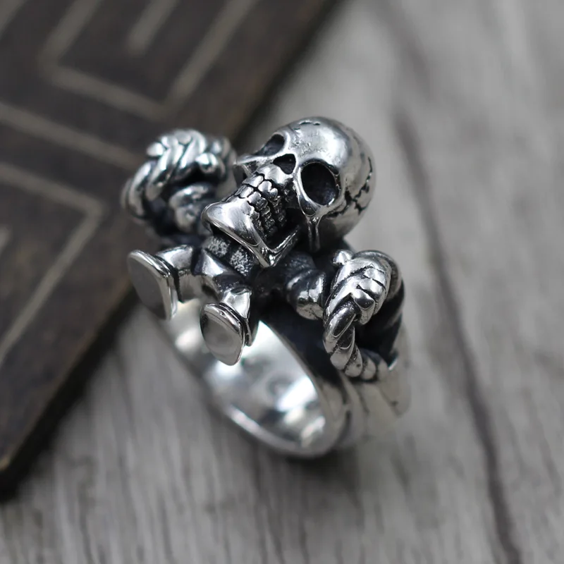 

Thai Silver men's Domineering Personality Skeleton Ring S925 Sterling Silver Jewelry Retro Punk Wind Ring