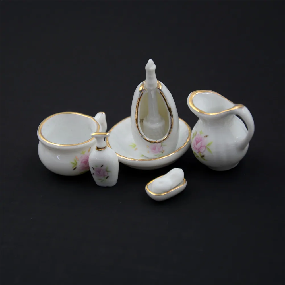 

1/12 Miniature Dollhouse Bathroom Accessories Set Floral Ceramic 8PCS Pastel Rose Dollhouse Bath Decoration Dolls Gift Kits