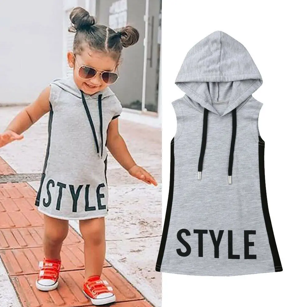 

2019 New Baby Kids Girls Summer Tunic Hooded Pullover Sport Cotton Letter Dress Casual Party Sundress Clothes Age 1-6T