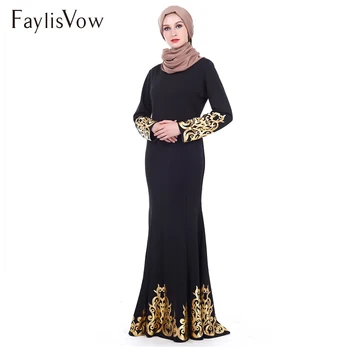 

Plus Size Gold Stamping Print Abaya Women Palace Style Black Long Sleeve Dresses Kaftan Robe Female Brand Muslim Islamic Dress