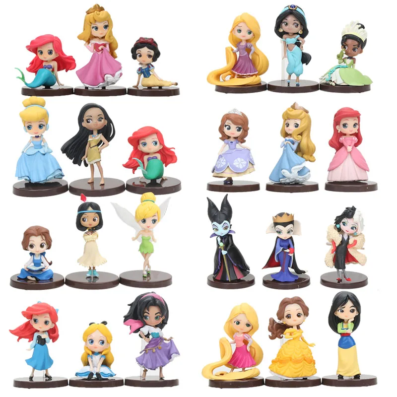 

3pcs/set Cute Q Posket princess doll Tangled Tiana princess belle snow white PVC Action Figure Model Toy Dolls 8cm