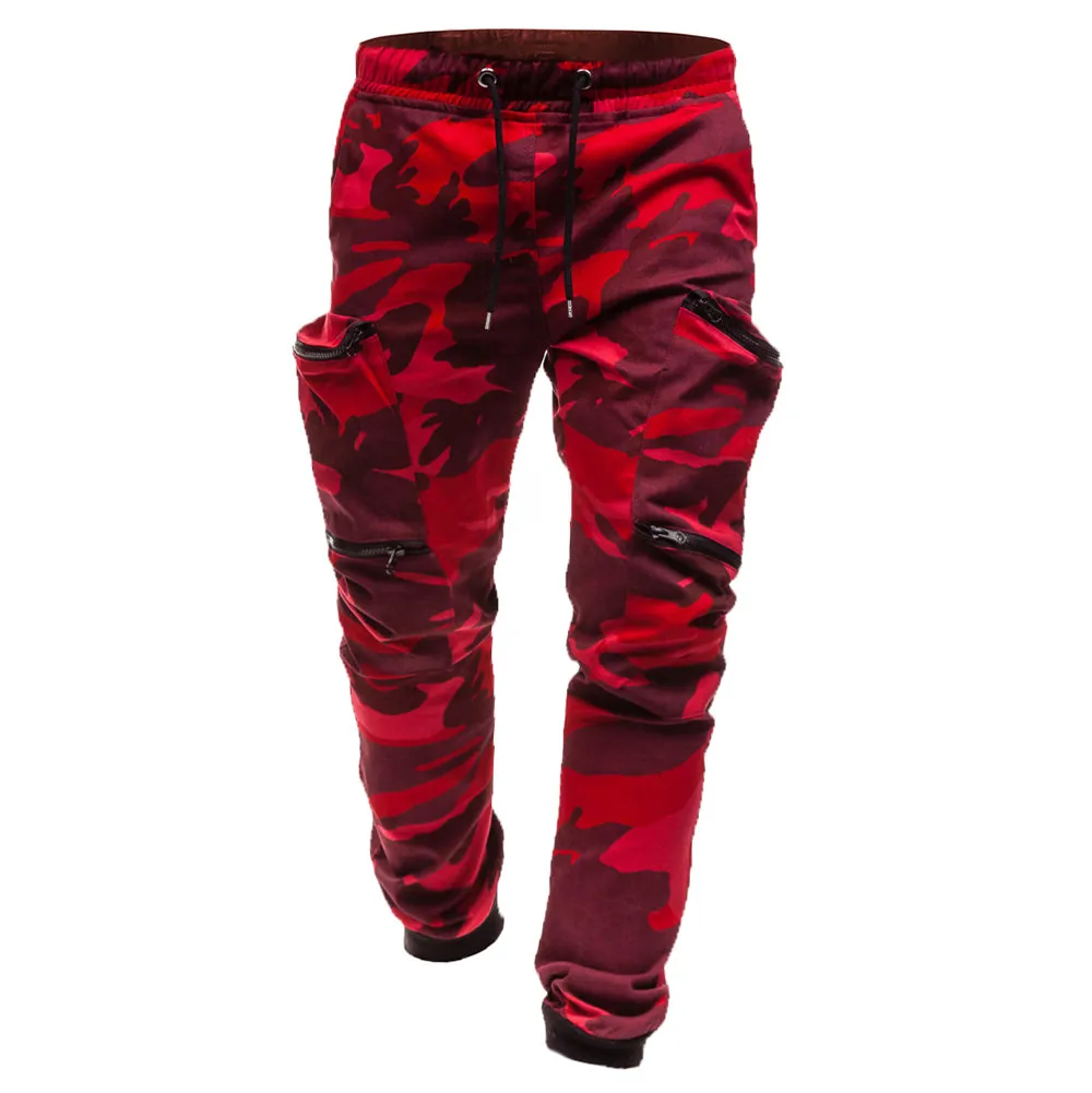 Мужская мода, классические красные камуфляжные штаны для бега с карманами на молнии, спортивные штаны-карго, спортивная одежда, roupas
