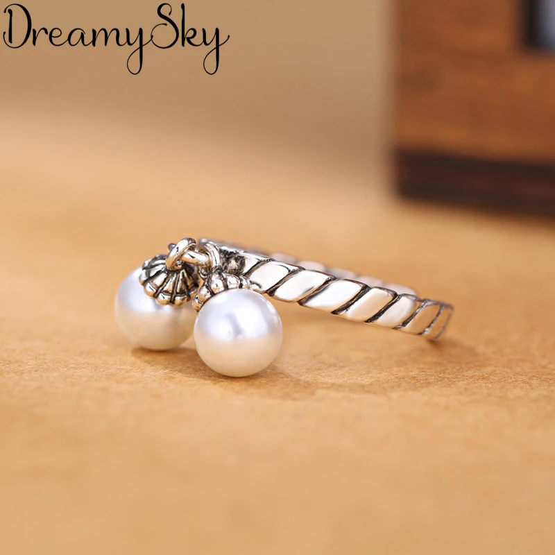 

Personality Punk Retro 925 Sterling Silver Imitation Pearls Rings For Women Simple Ladies Adjustable Size Ring Wedding Jewelry