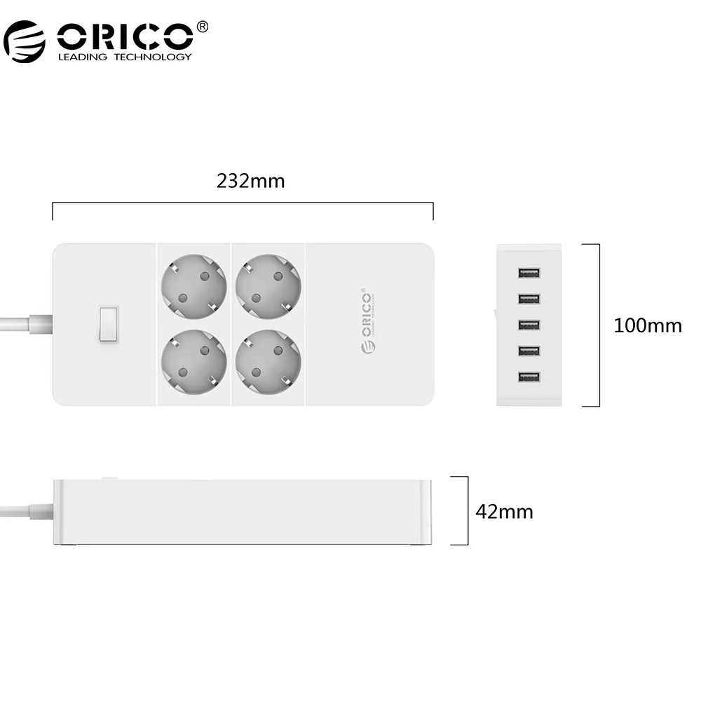 ORICO, электрическая розетка, штепсельная вилка европейского стандарта, удлинительная розетка, защита от перенапряжения, европейская силовая лента с 5x2. 4A, USB, супер зарядное устройство, порты