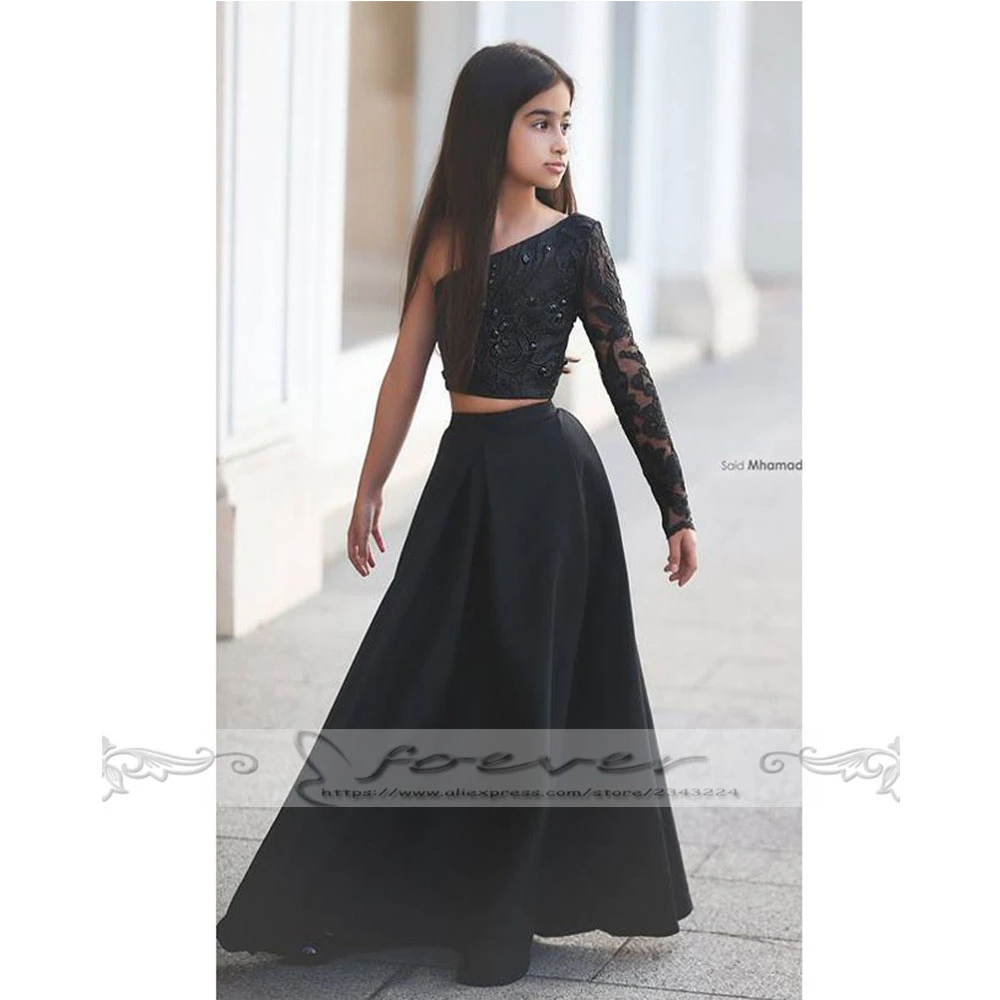 Schwarze Lange Hülse der Schulter Kinder Abendkleider Blumen mädchen Kleider Festzug Kleider Für Mädchen Glitz Vestidos De Daminha