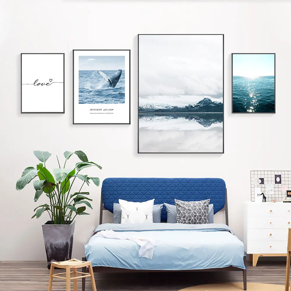 

Nordic Landscape Poster Sea Canvas Print Modern Wall Art Mountain Picture Blue Quotes Posters And Prints Whale Picture Unframed