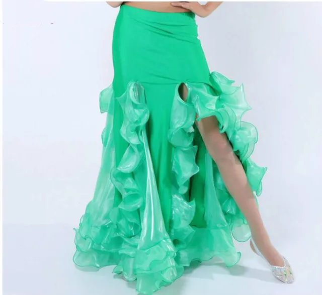 Sexy Women Bellydance costume Long Ruffle carnaval Skirt Side Slit Purple Red White Blue Pink Solid Color Dancing Performance Cl green