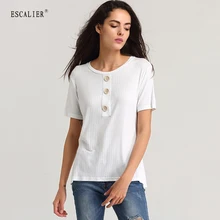 ESCALIER Summer Women Casual Shirt Fashion Tops Tees Cotton Spandex Button T-shirts O-Neck Loose Elastic Short Sleeve T-shirt