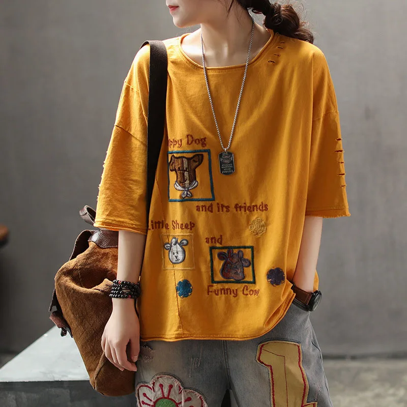 

QPFJQD Mori Girls Summer T-Shirts Short Sleeve Women Loose Clothing Cotton Tee Tops Cartoon Animal Embroidery Holes Street Wear