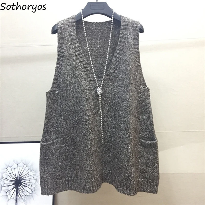 

Vests Women 2019 Winter Knitted Over Size Loose Solid Long Style Womens Pullover Korean Style V-neck Warm Pockets Ladies Vest