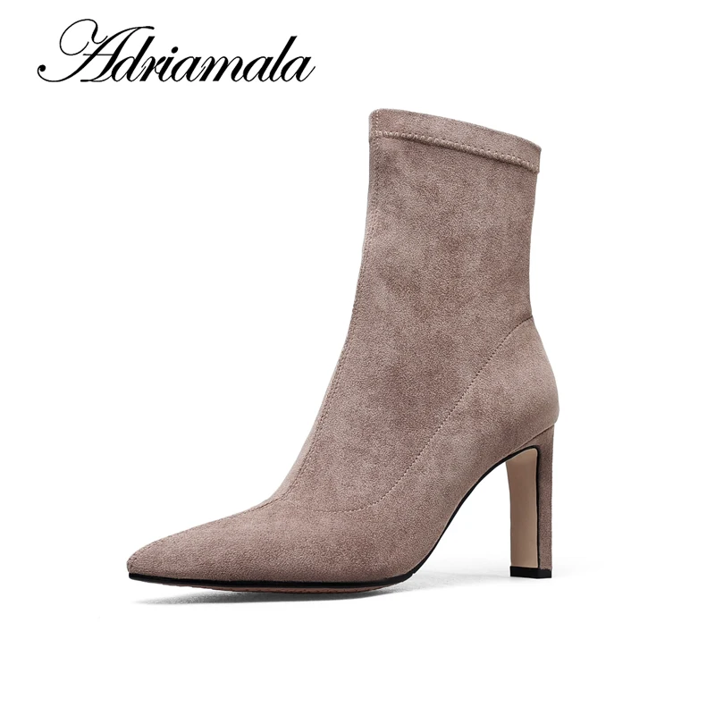 

2018 Flock Ladies High Heel Boots Mid-calf Slip-on Pointed Toe Square Heel New Motorcycle Boots For Women Fashion Adriamala