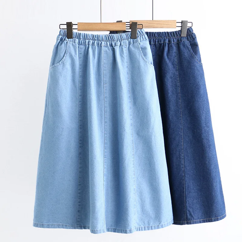 

Women Spring Denim Skirts Fresh Style Solid Color High Waist Elastic Pockets Loose A-line Skirt Female Casual Blue Jean Skirt