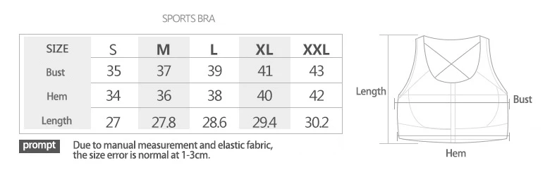 Quick Drying Breathable Sports Bra size chart