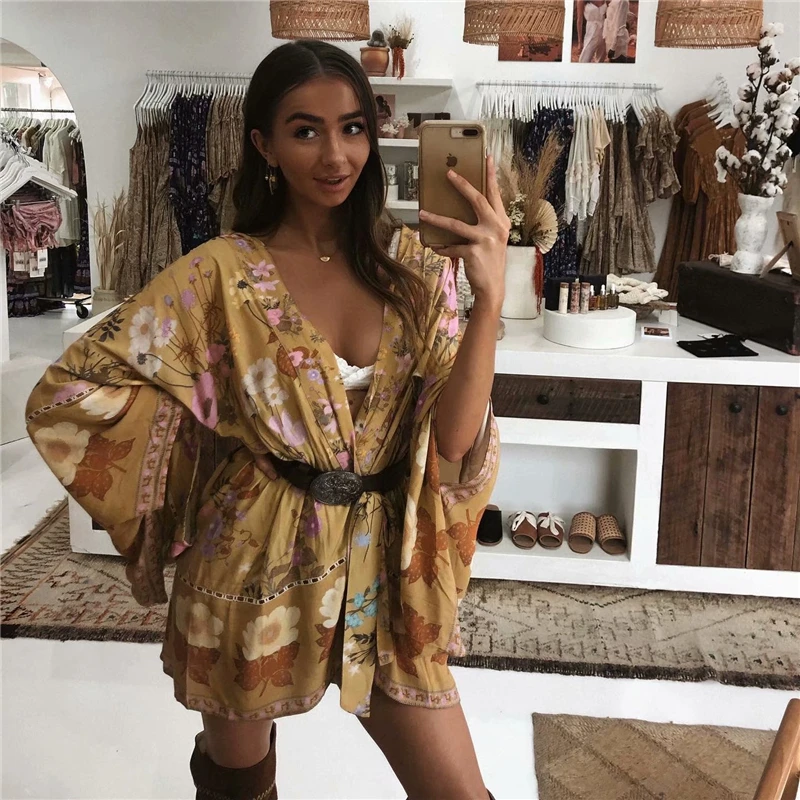 Vintage chic women floral print sashes bat sleeve beach Bohemian kimono dresses Ladies V neck Tassel Summer Boho dress vestidos