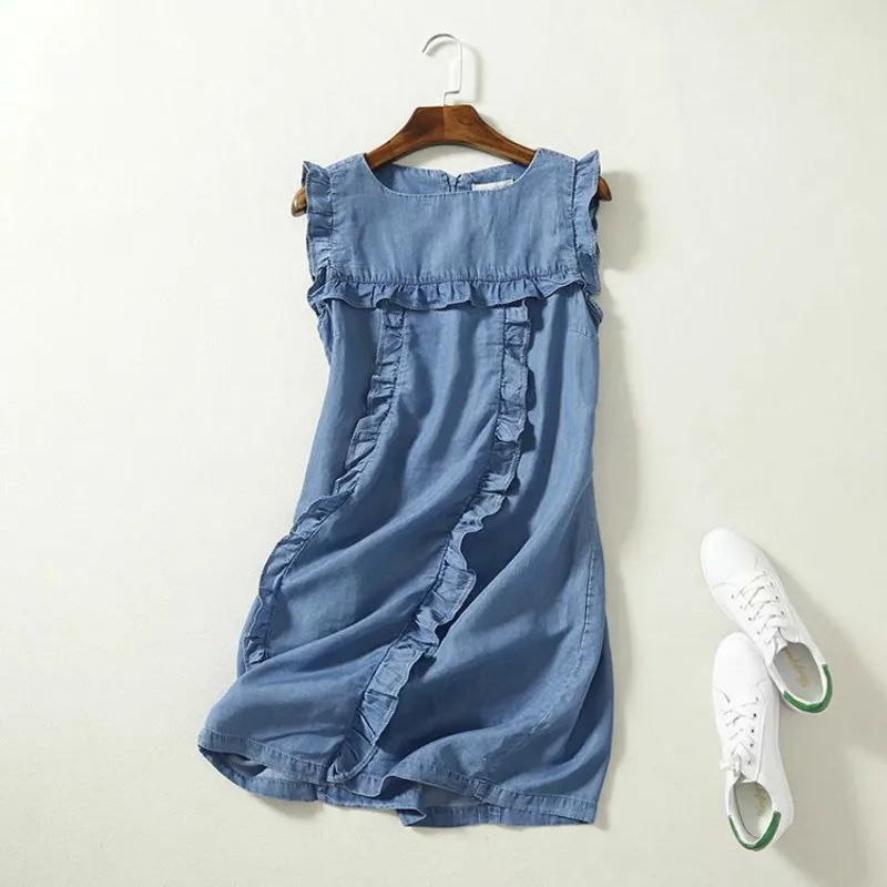 

Women Sleeveless Ruffles Jeans Dress 2019 Summer O Neck Tencel Denim Dress For Lady