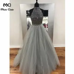 2018 серый платья выпускного вечера долго с бисером Vestido Longo; vestido de festa тюль Холтер с плеча Формальные Вечеринка платье