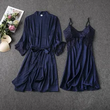 Сексуальный женский халат и платье наборы банный халат+ Мини Ночное платье из двух частей пижамы Женский комплект сна ночная рубашка из искусственного шелка