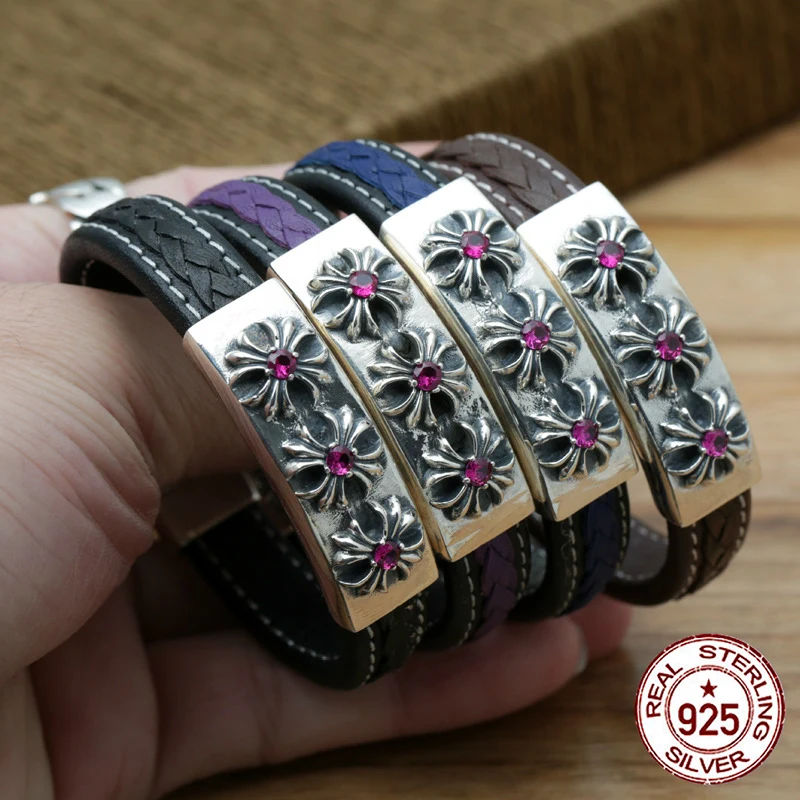 

S925 sterling silver men's bracelet personality fashion quality jewelry leather cross shape 2018 new gift to send lover