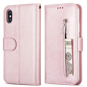 

L-FADNUT Wallet Flip Kickstand Case For iPhone X Xr Xs Max 7 8 6S 6 Plus Zipper Purse Matte Full Protective PU Leather Cover
