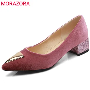 

MORAZORA 2020 new style women pumps spring summer fashion shoes pointed toe flock shallow shoes big size 33-44 square heel shoes