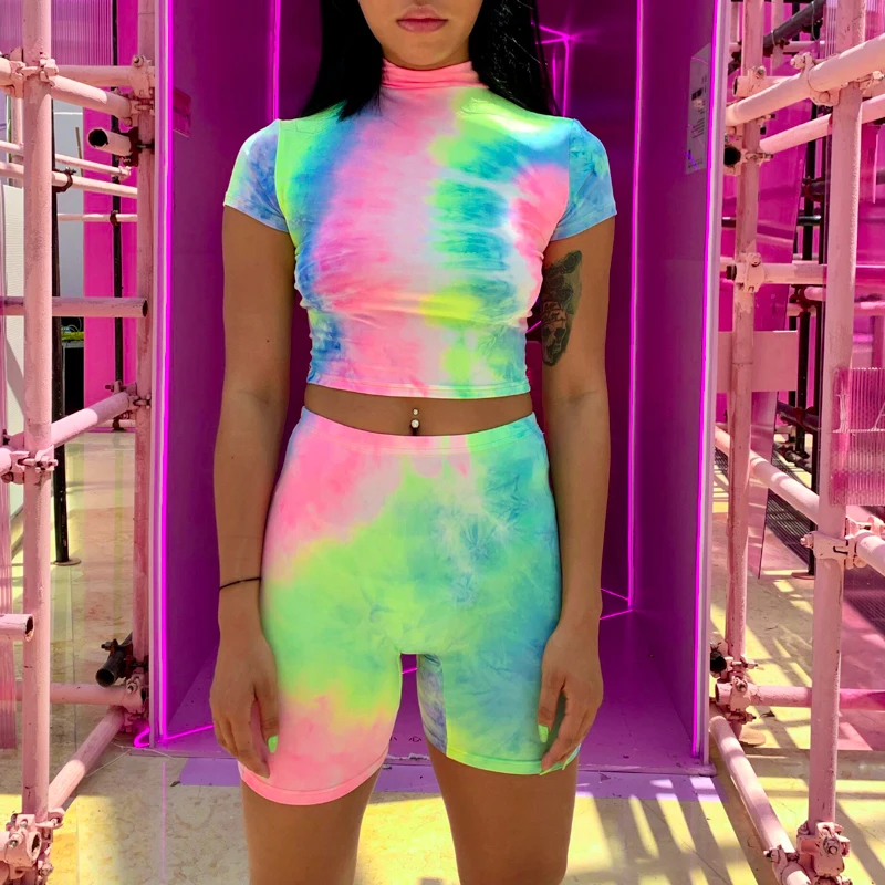 

Short Sleeve Crop Tops Shorts Tie Dye Print Colorful 2 Piece Set 2019 Summer Women Fashion Ins Hot Sale Club Streetwear Sets