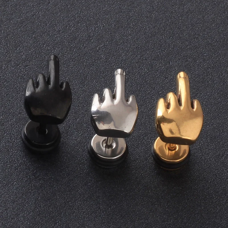 

Fashion Rock 1 pair Middle finger Shape men earrings Summer style pierced Stainless Steel Jewelry Stud Earring for men