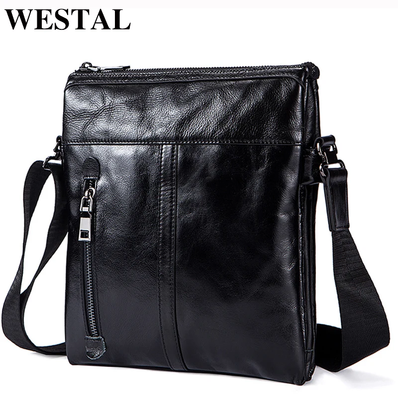 

WESTAL Men's Shoulder Bags Male Genuine Leather Bag Black ipad flap Messenger Bag Men Leather Zip Male Bags for Men Handbag 1023