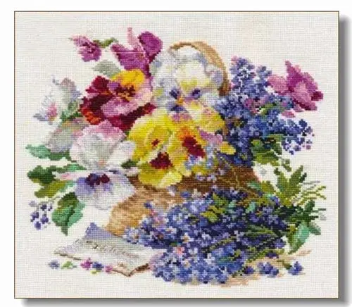 cs-2213 Cross Stitch Kit Orchid and Blue Flower Basket Bouquet alisa