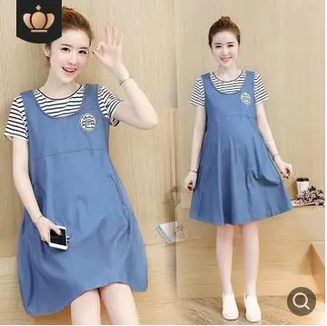 

Fake Two-piece Loose Large Size Maternity Dress 2019 Summer Fashion Denim Stitching Pregnancy Clothes for Pregnant Women QL529