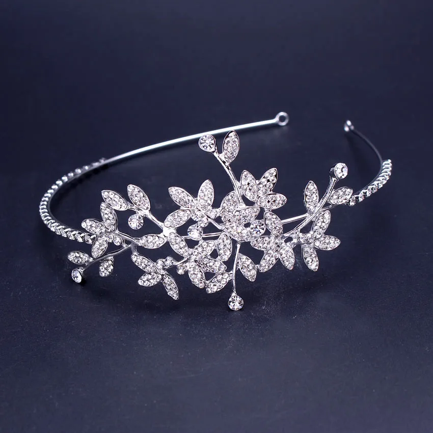 

New arrive Leaf Rhinestone crown silver plated crystal tiara bride headband wedding jewelry hair accessories 1pc/lot