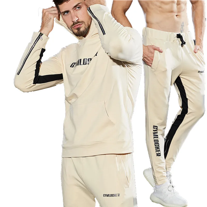 Хлопковые мужские комплекты из двух предметов, спортивный костюм для бега, мужские спортивные куртки с капюшоном+ брюки, мужские спортивные костюмы, худи для бодибилдинга, мужские костюмы