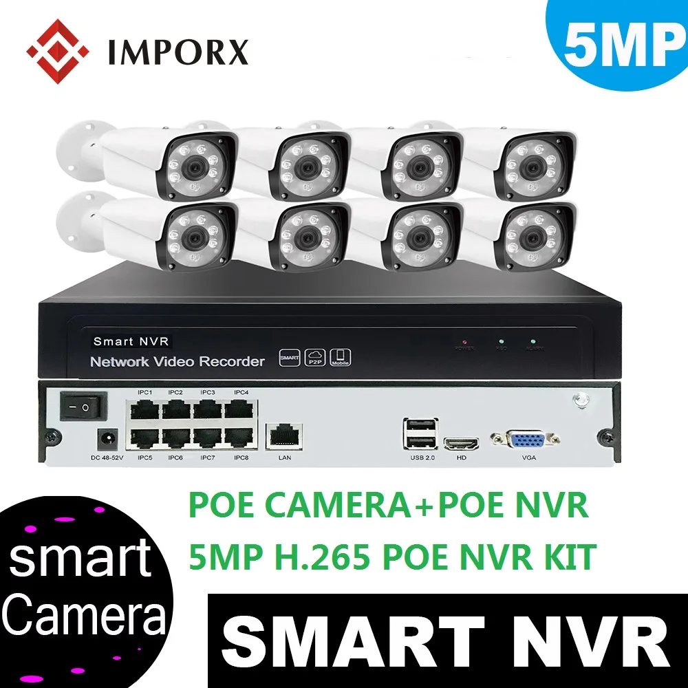 

IMPORX Full HD 8CH 1944P 5MP POE CCTV System NVR Kit P2P H.265 Outdoor IR Night Vision POE IP Camera Video Surveillance Sets 2TB
