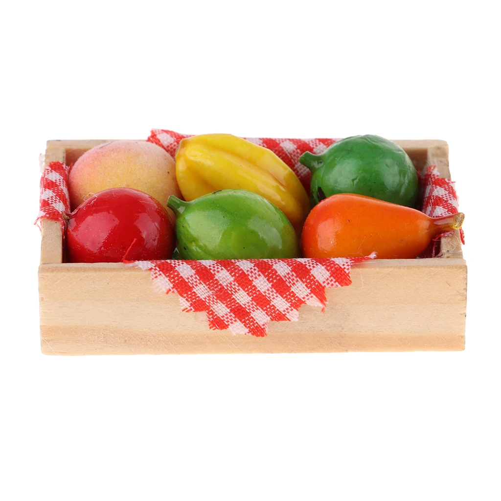 1/12 Dollhouse Miniature Dining Table Fruit Toys with Wood Storage Box Doll House Layout Accessories