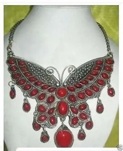 

Chinese Handwork Tibet silver inlay Red Jade Butterfly Necklace 5.27