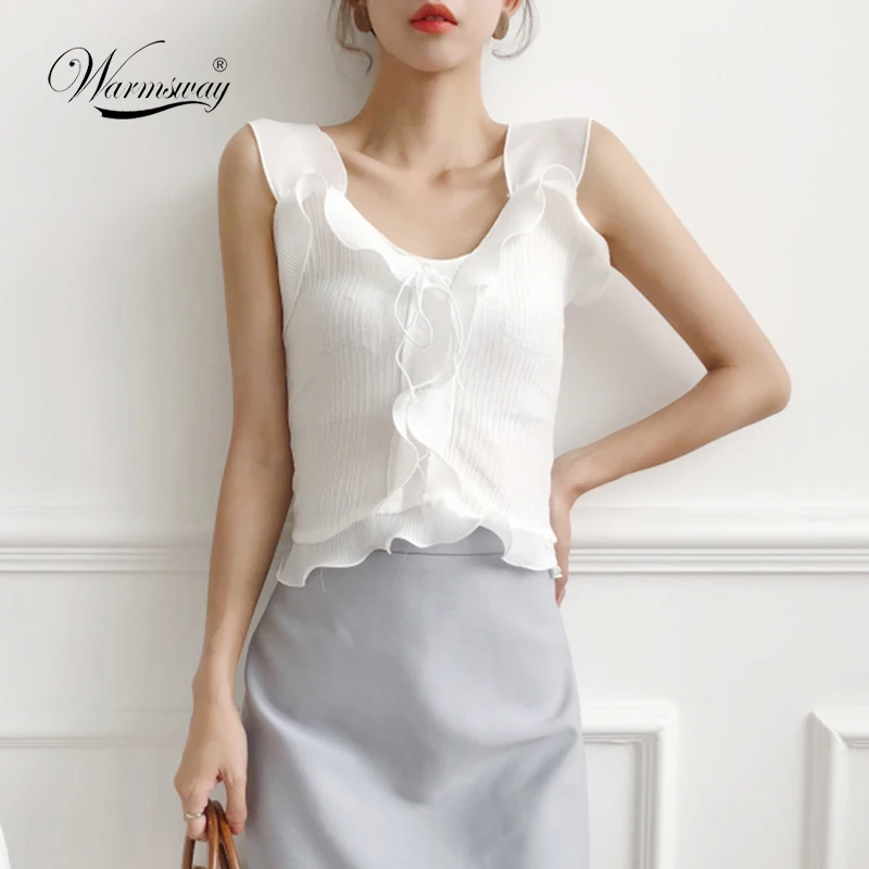 2018 Summer New Women Ruffled Patch Knitted Tank Top  lace up Sleeveless short T Shirt Fashion Vest Female Tee Shirt  A-040