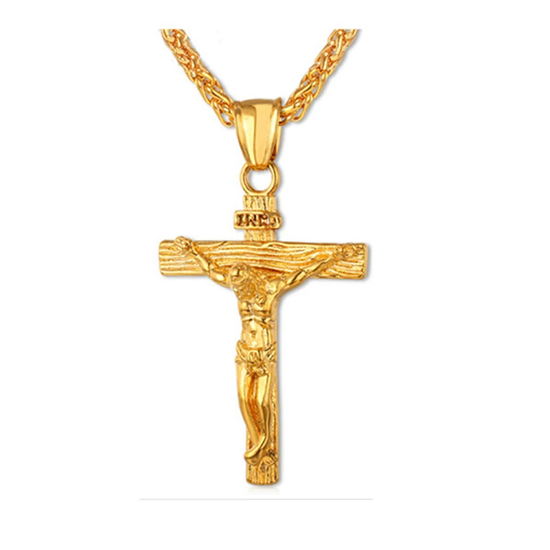 Мужская цепочка, христианские ювелирные изделия, подарки, Ретро стиль, крест, распятие INRI Jesus, кулон и ожерелье, золотой цвет, нержавеющая сталь