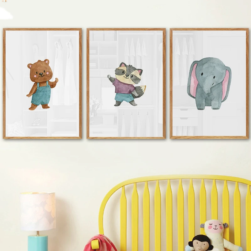 Watercolor Raccoon Elephant Bear Animal Posters Canvas Art Painting Wall Art Nursery Decorative Picture Nordic Style Kids Decor