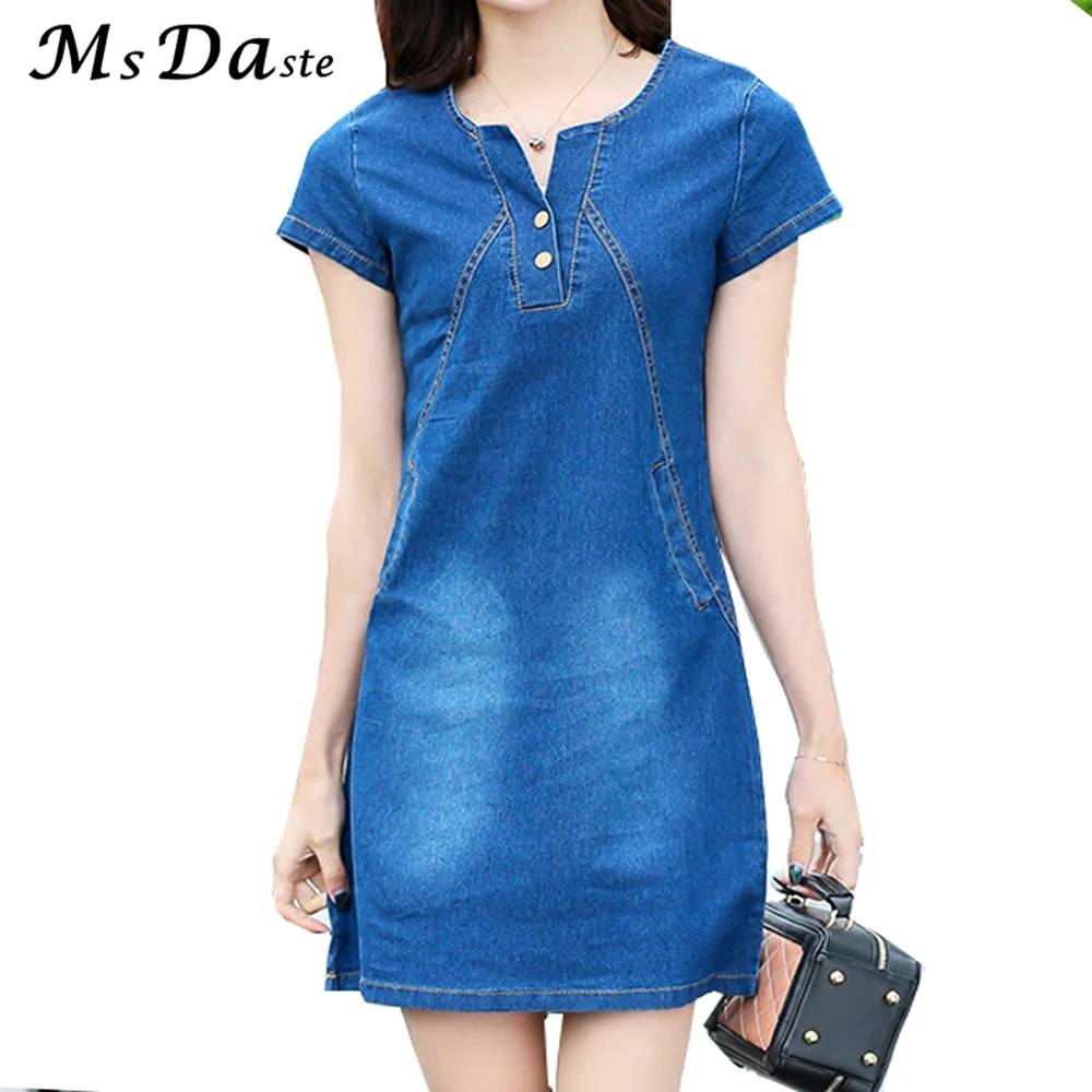 2017 Denim Dress Womens Dresses Short Sleeve Summer Casual Mini Short Type Blue A line Woman